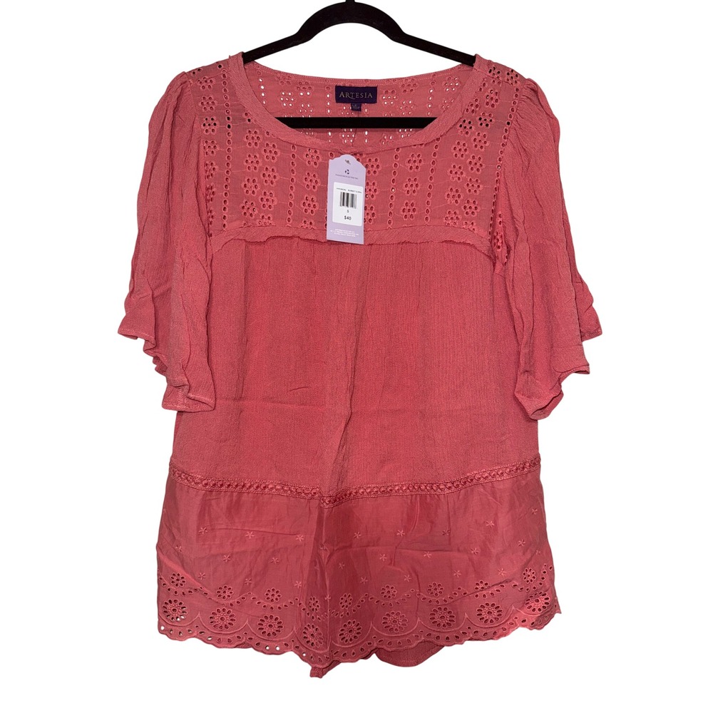 ARTESIA Sunset Coral Eyelet Lace Short Sleeve Tunic Top Women's Size‎ S